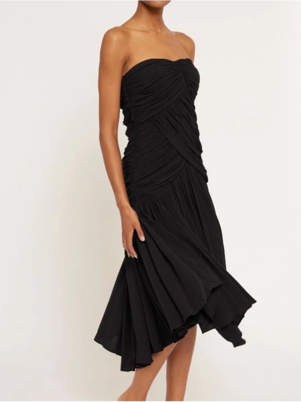 Joie Black Strapless Ruched Midi Asymmetrical Chiffon Dress